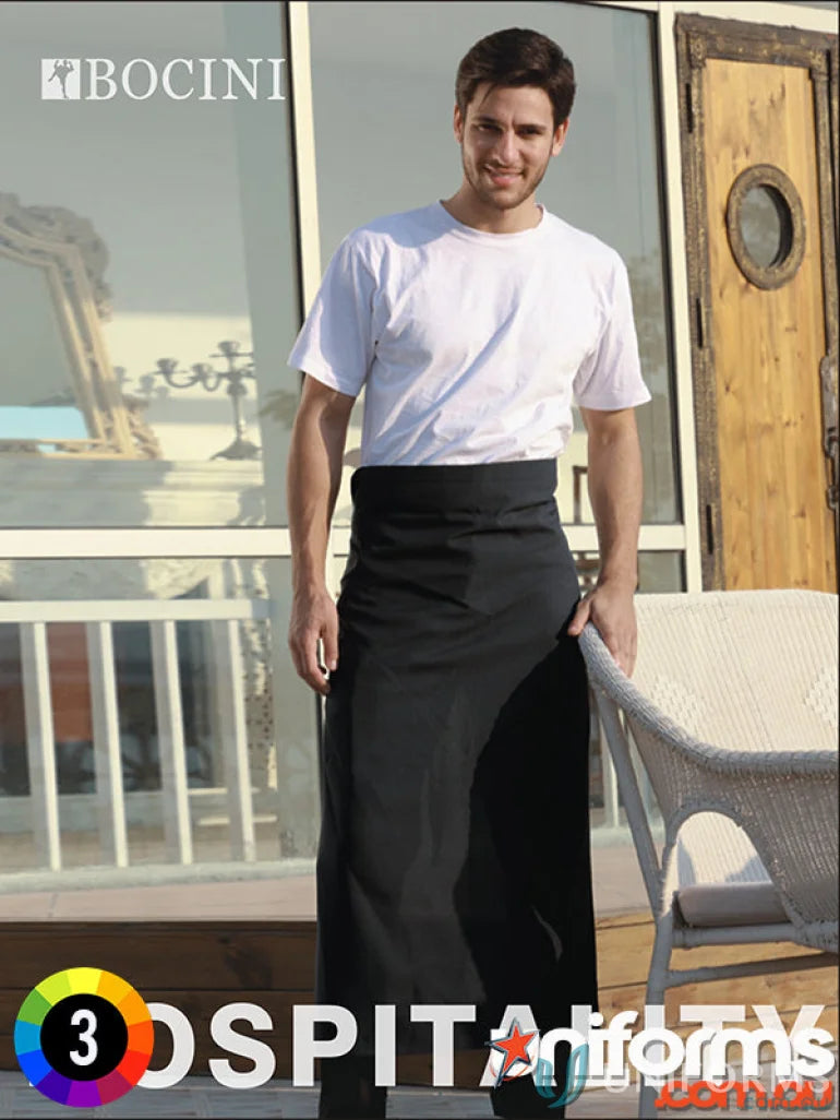 Black waist apron made of durable Cotton Drill, perfect for workwear and uniforms