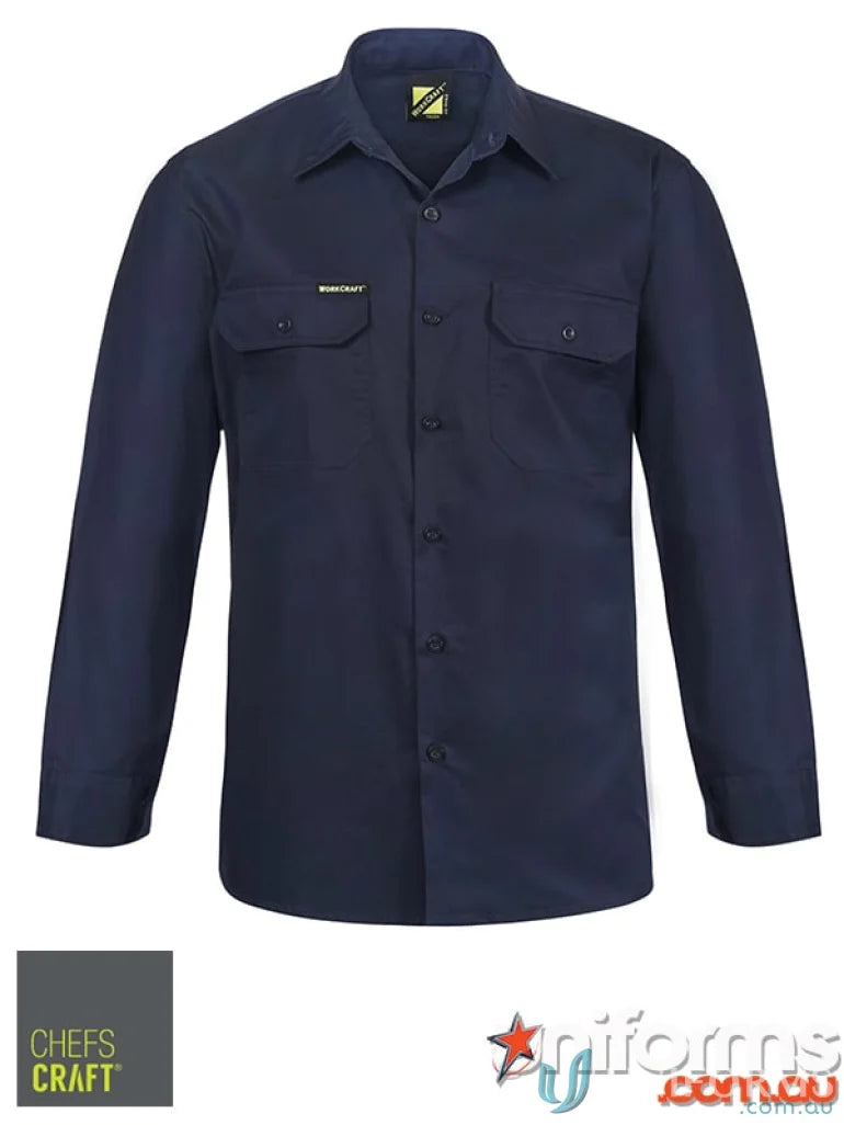 Navy blue cotton drill long-sleeved work shirt perfect for uniforms and workwear