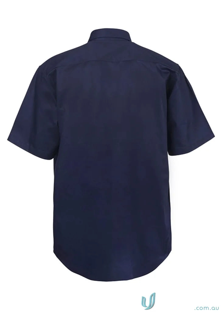 Navy blue cotton drill short-sleeved shirt perfect for uniforms and workwear