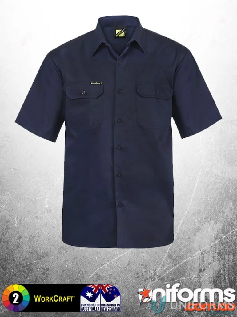 Navy blue cotton drill work shirt perfect for uniforms and workwear on the Cotton Drill SS Shirt