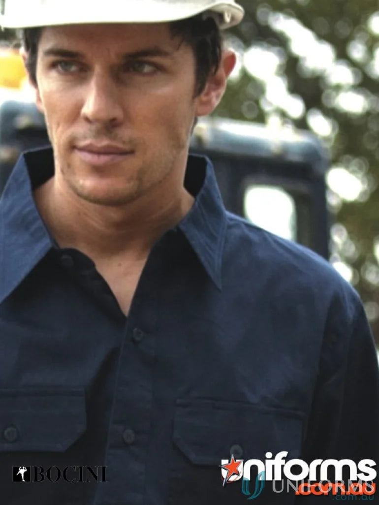 Blue cotton drill work shirt perfect for uniforms and tough job sites