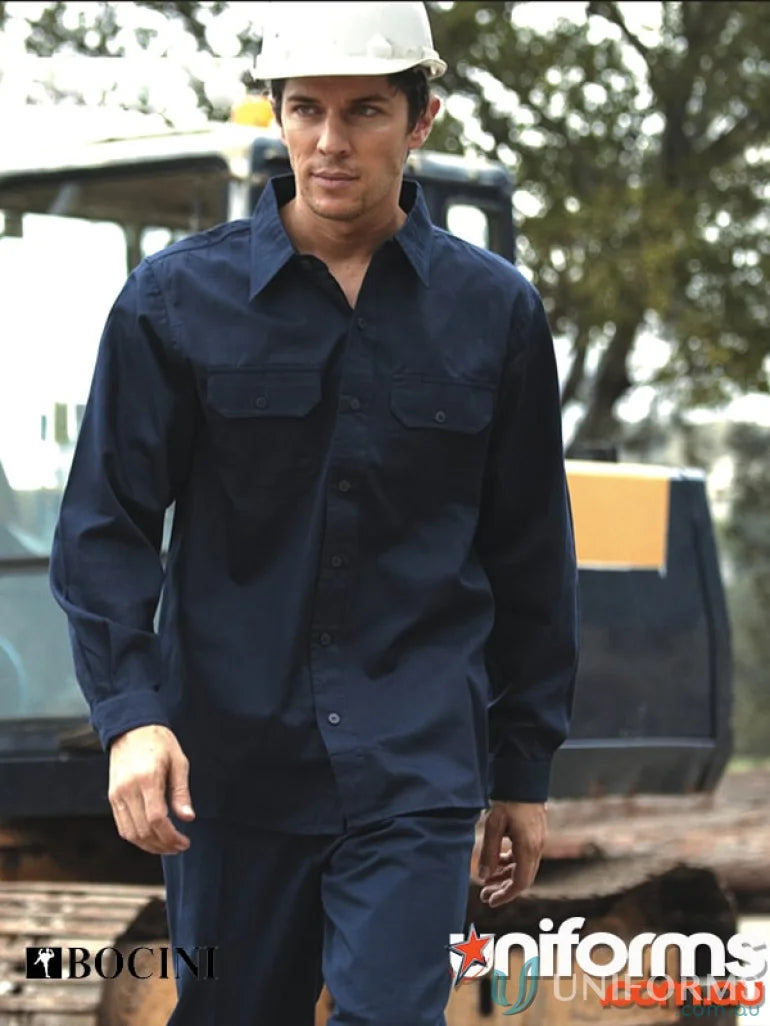 Navy blue cotton drill work shirt for uniforms or workwear, durable and comfy