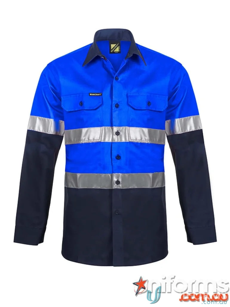 Blue and navy cotton drill work uniform with high visibility reflective stripes