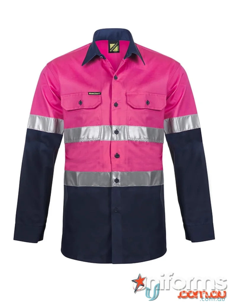 Pink and navy cotton drill work uniform shirt with CSR tape and long sleeves