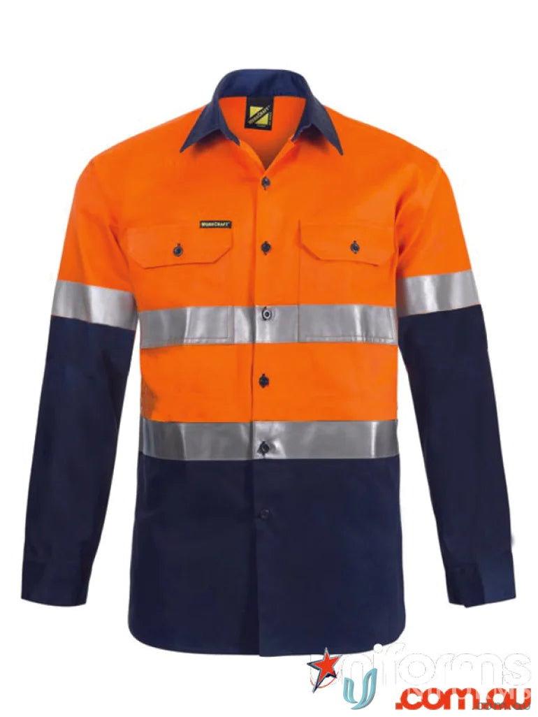 Orange and navy blue work shirt with reflective tape for uniforms and reinforced stress