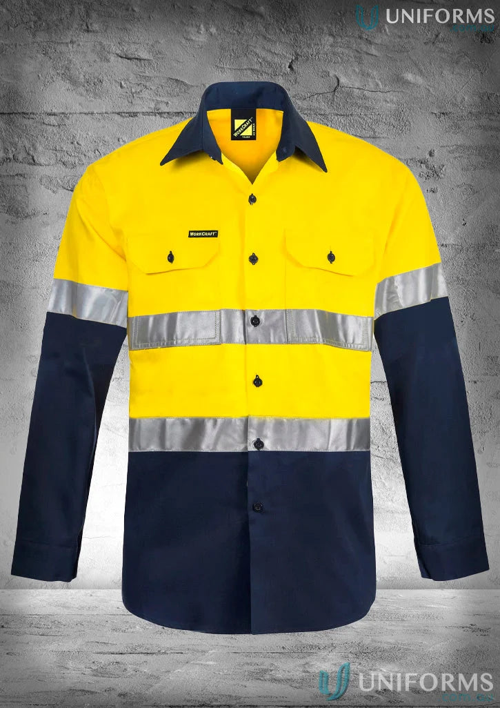 Yellow and navy Blue high-visibility Cotton Shirt With CSR Tape, reinforced stress, reflective tape for uniforms
