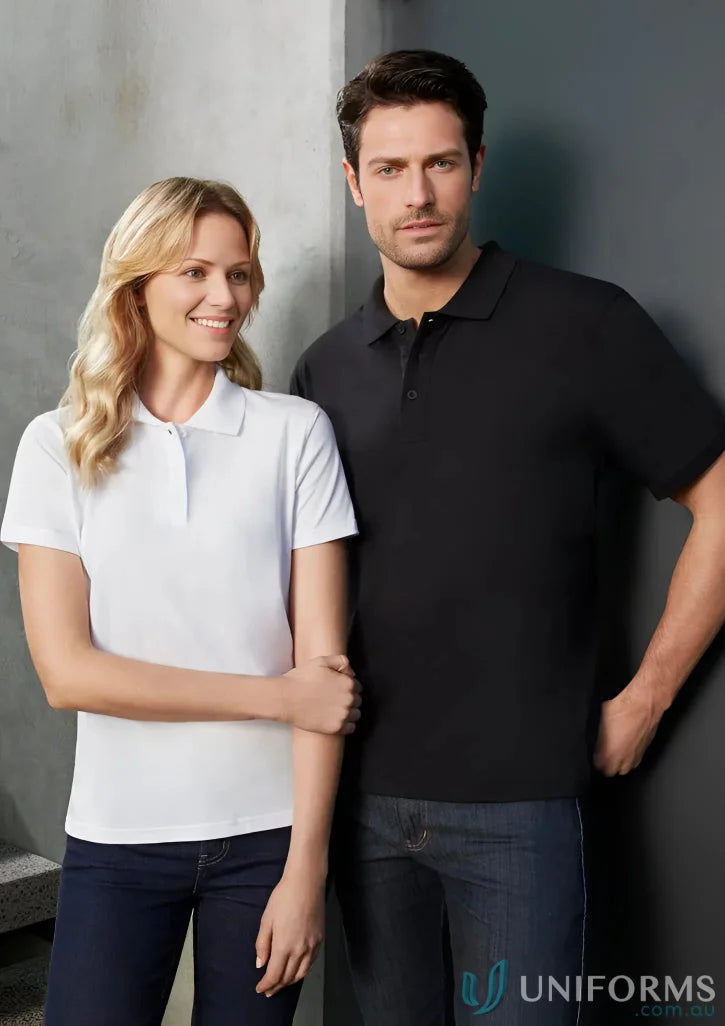 Two guys in Cotton SS Ice Polo shirts from Biz Collection, ideal men’s ice short style