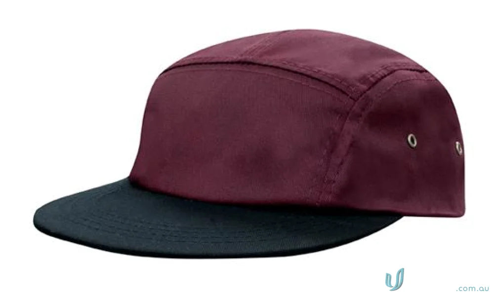 Cotton Twill Square Front cap with maroon crown, dark grey brim, metal eyelets, perfect for uniforms or workwear FAQ link
