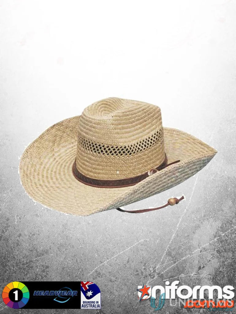 Cowboy Straw hat with brown band and chin strap, perfect for stock imprint, 15 centimeters