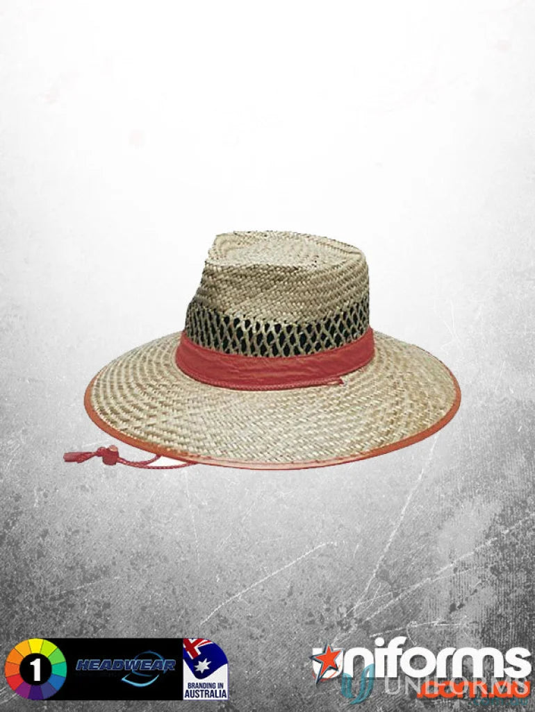 Cowboy Straw sun hat with red band black mesh crown in stock, 50 centimeter imprint