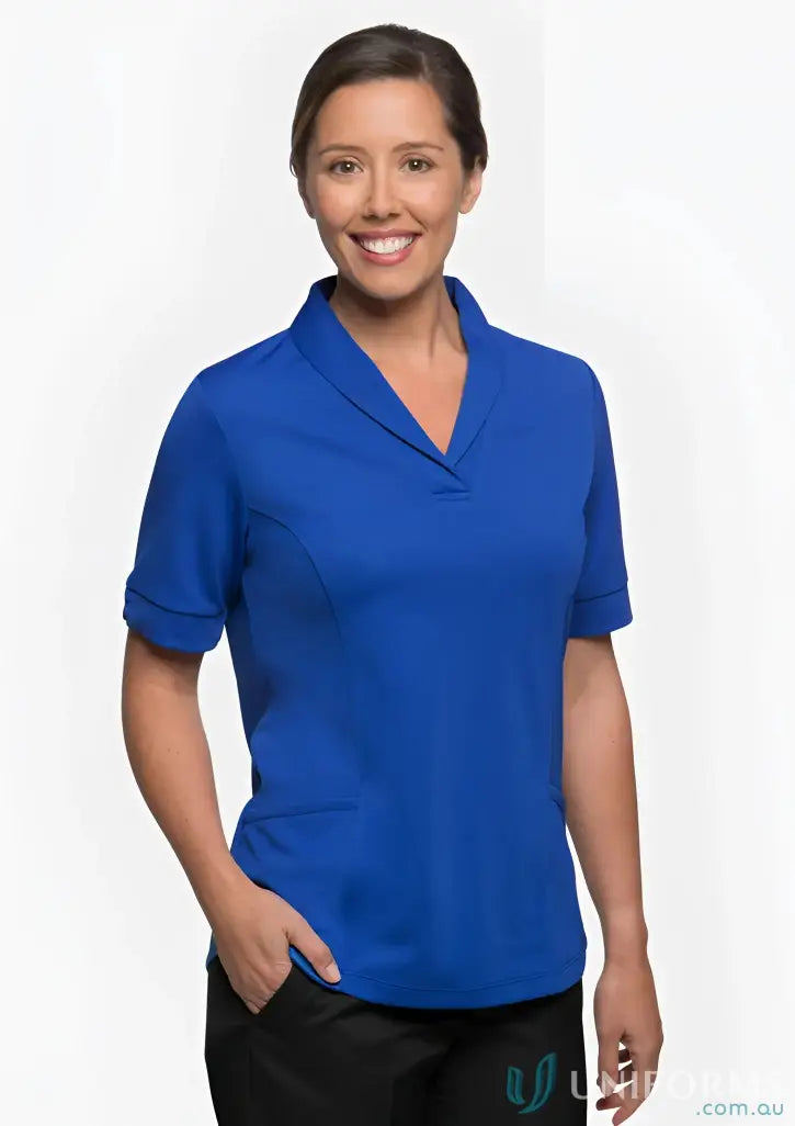 Royal blue EMB Ladies City work uniforms women’s scrub top with notched V-neck