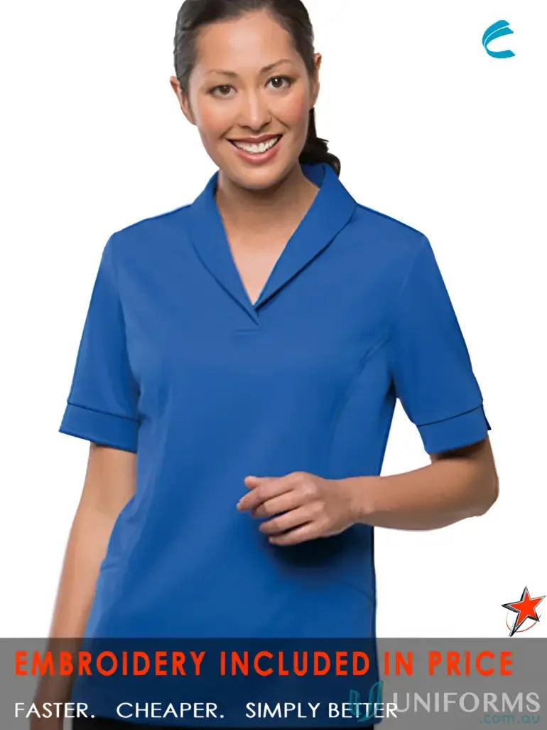 Woman modeling royal blue EMB Ladies City work uniforms V-neck scrub top