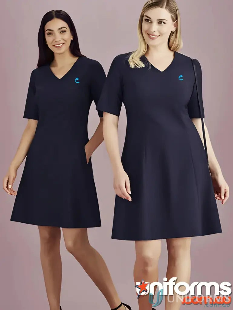 Two navy blue V-neck dresses from CR EMB Ladies Extended Dress perfect for work uniforms