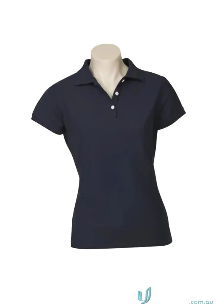 Navy blue polo shirt with white button placket for work environments from CR (EMB) Ladies Polo