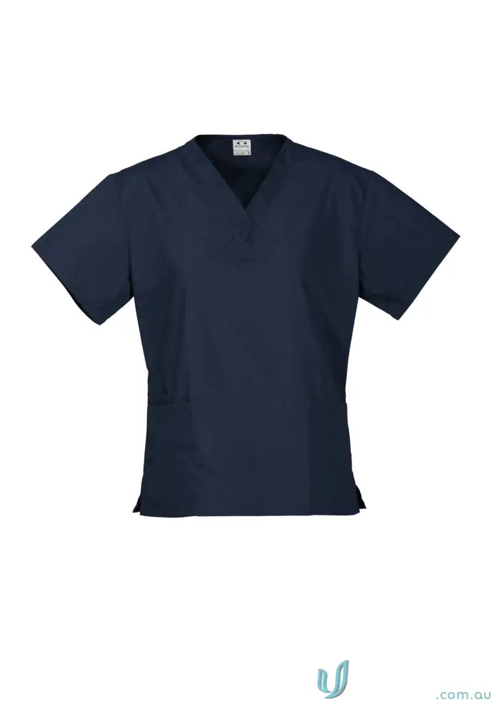 Navy blue scrub top from Ladies CR-EMB work uniforms with a modern fit