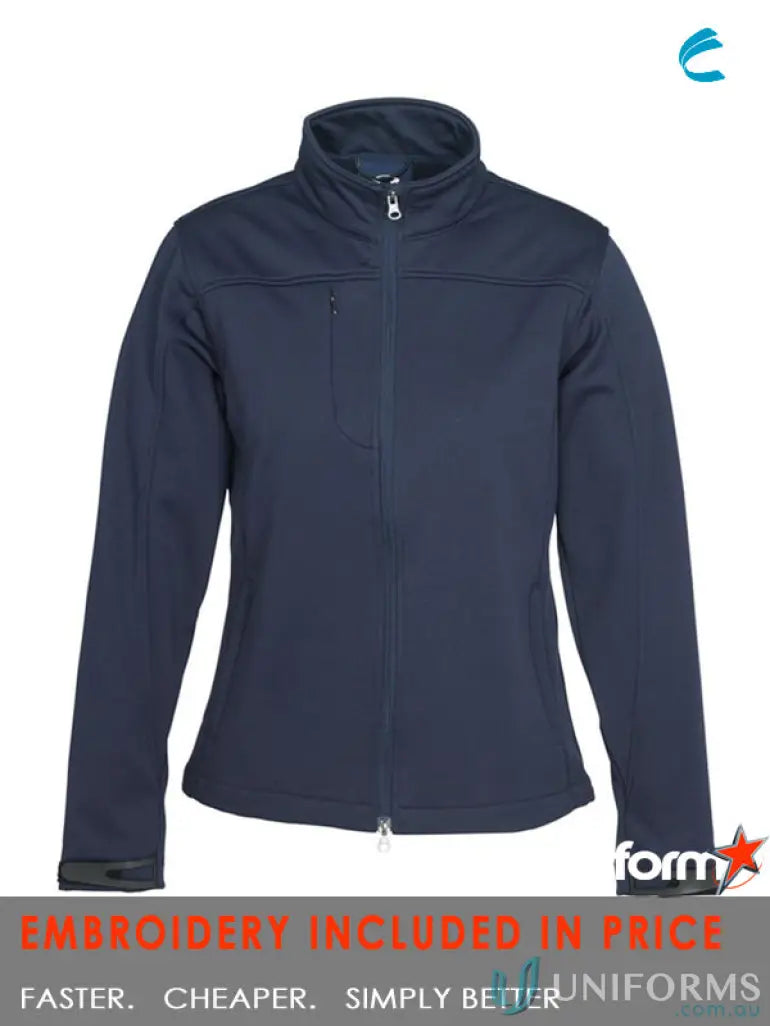 Dark blue CR EMb Ladies SoftShell Jacket with chest zippered pocket and stand-up collar