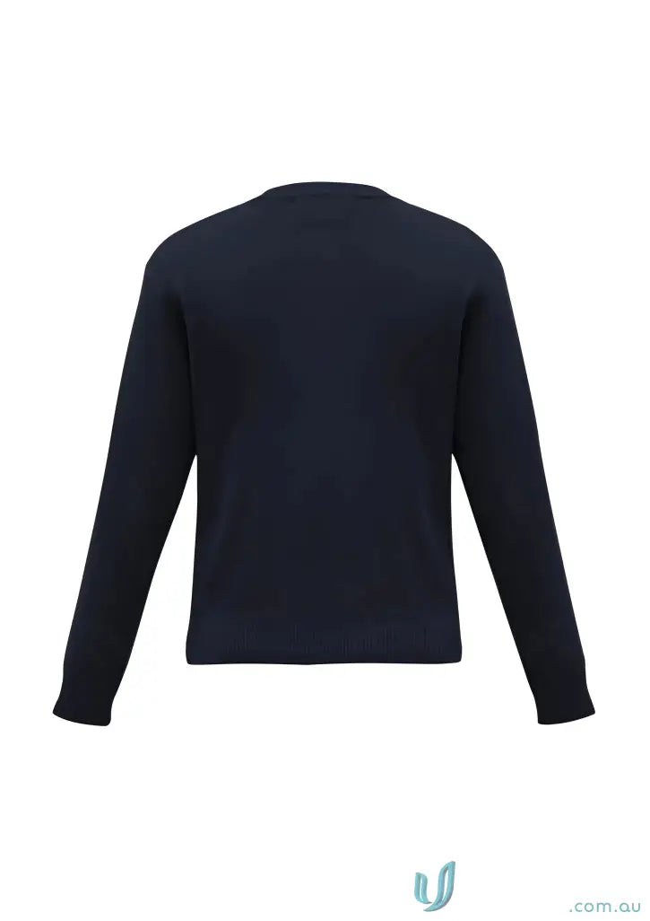 Navy blue long-sleeved sweater from CR EMb Unisex Wool Mix Pullover, easy care workwear