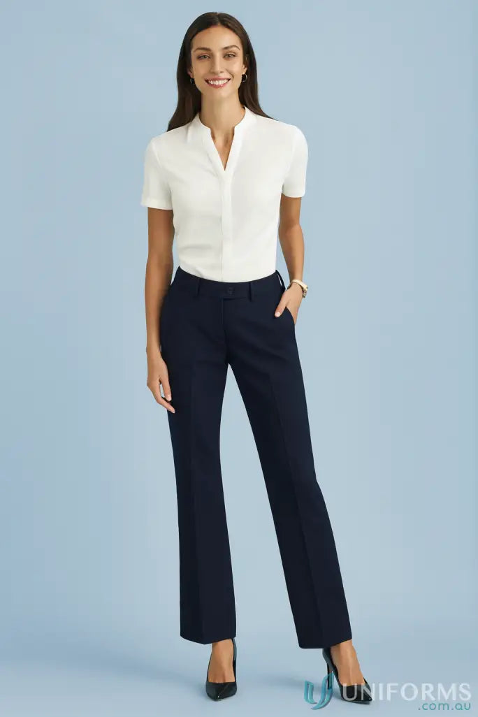 Women’s white short-sleeve collared shirt with ladies relaxed fit straight leg pant