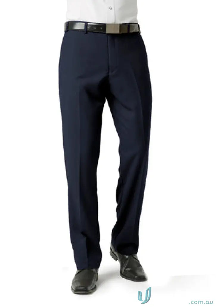 Navy blue CR Mens Flat Front Pant with black belt, perfect for work uniforms and workwear