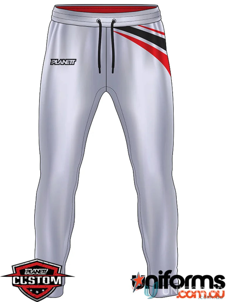 Gray athletic pants with red and black accents from CR145 Custom Cricket Pants, made with sublimated sports fabric