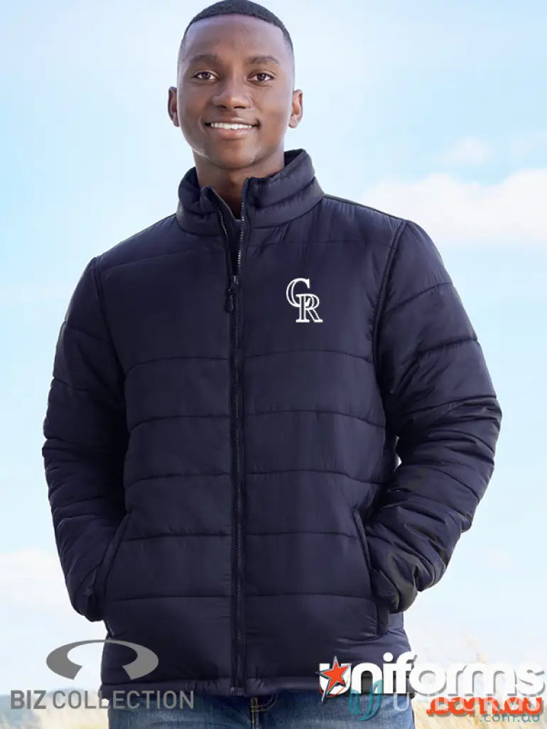 Dark blue Croydon Rams Puffer Jacket with white GR logo and full zipper