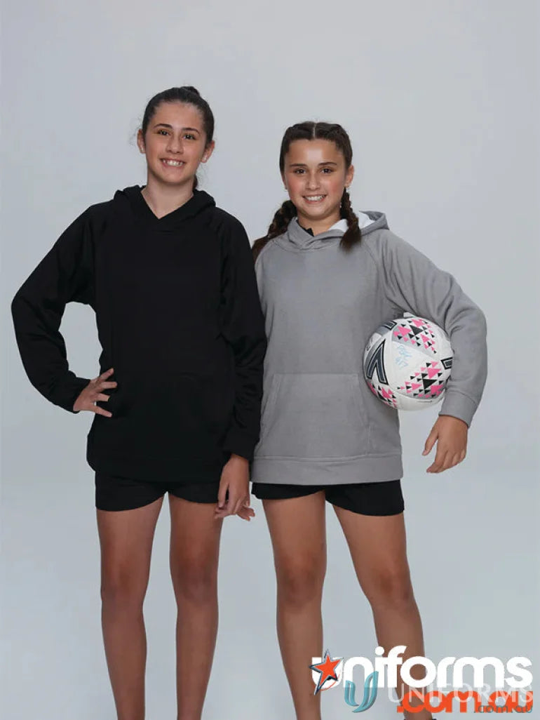 Two young girls wearing Crusader Kids Hoodies and shorts in casual workwear style