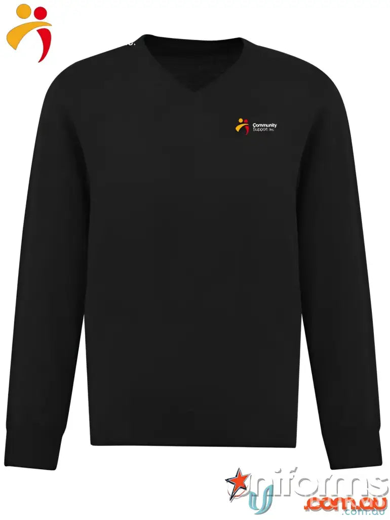 Black long-sleeved v-neck sweatshirt from CSI EMB Knit Pullover featuring relaxed ribbed cuffs