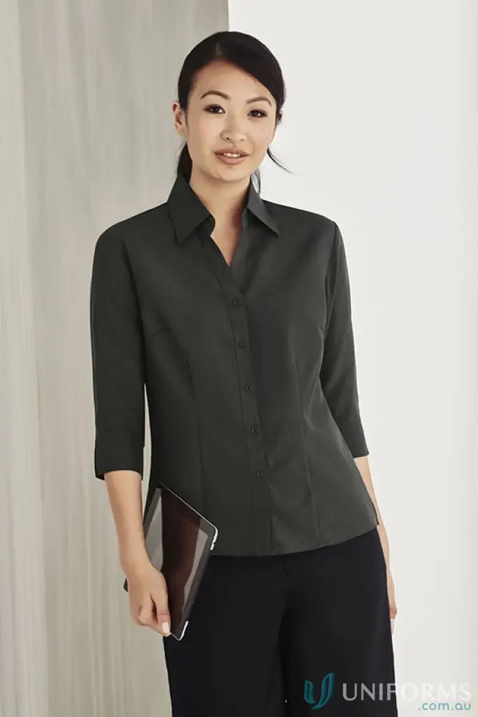 Woman in a dark sleeve shirt from CSI EMB Ladies 3qtr Shirt in LB3600 Biz collection
