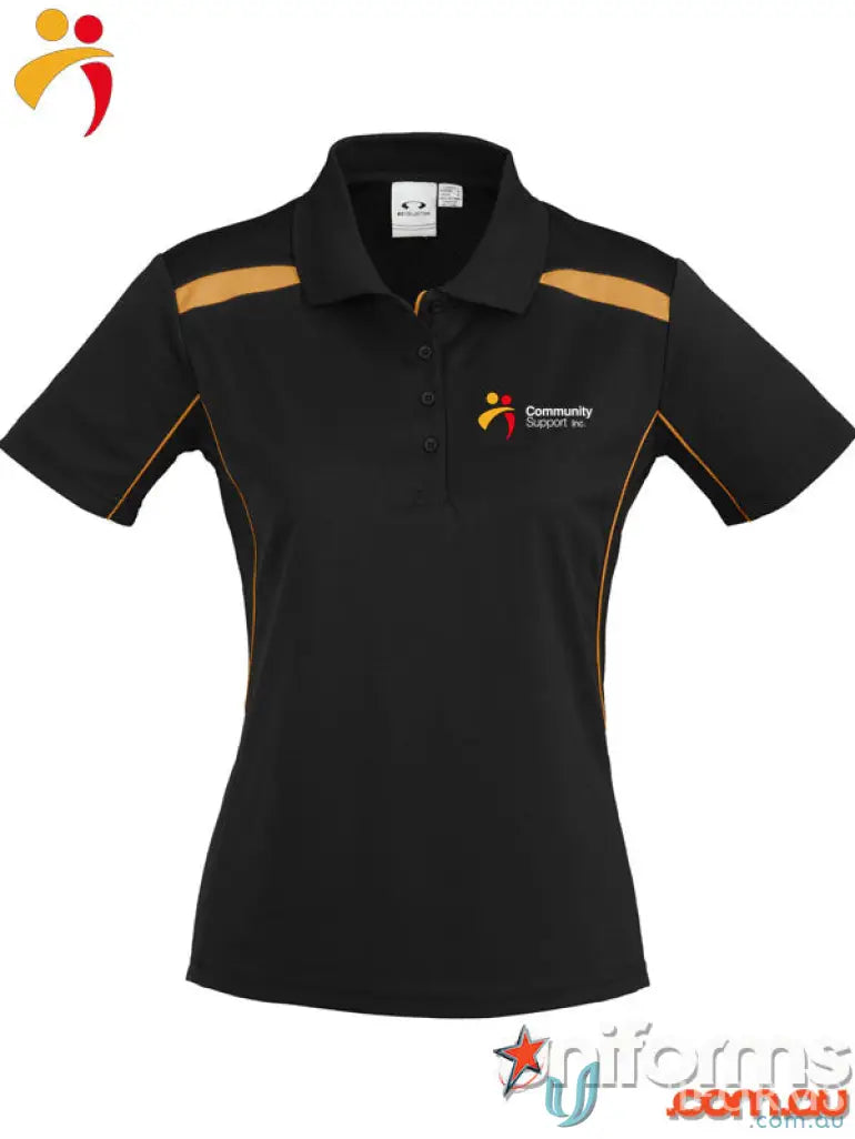 Black polo shirt with gold accents from CSI Ladies Polo, perfect for work uniforms