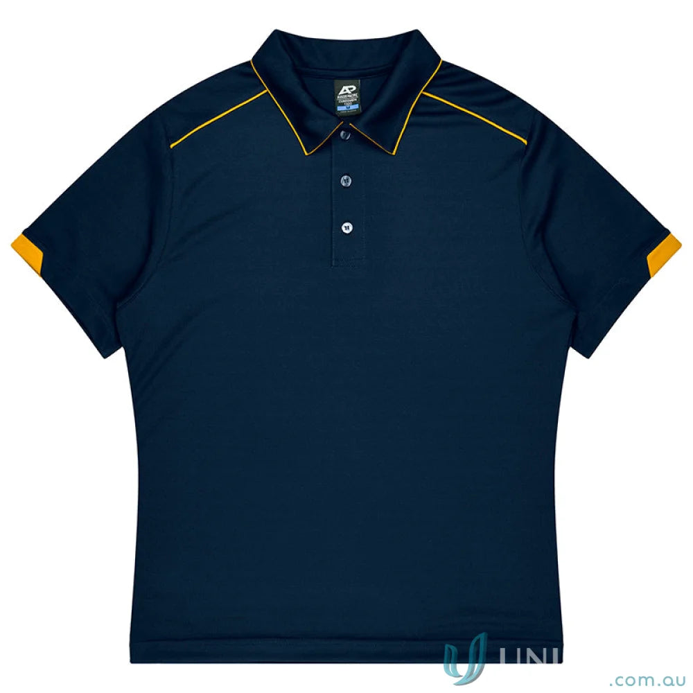 Currumbin Kids Polos men’s navy blue polo with yellow trim, perfect for uniforms or workwear
