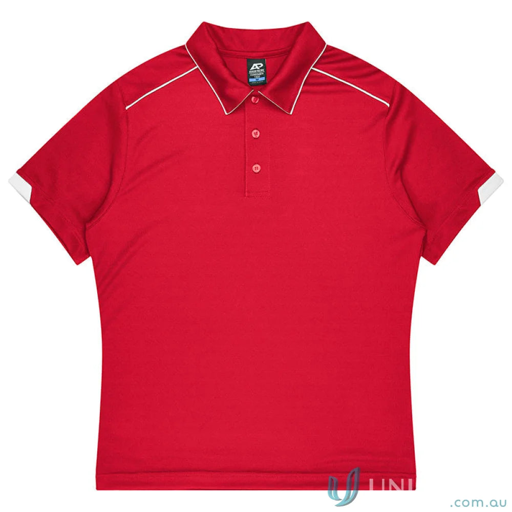 Bright red Currumbin Kids Polo with white piping, perfect for mini waffle uniforms