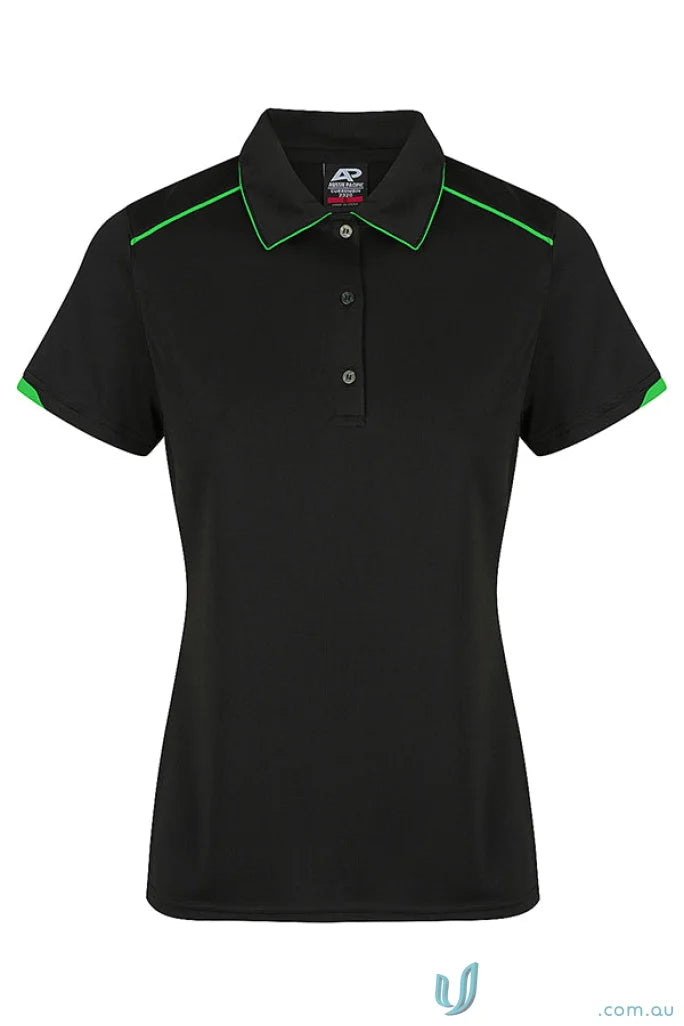 Black short-sleeved polo shirt with green trim from Currumbin Lady Polos, perfect for workwear or uniforms