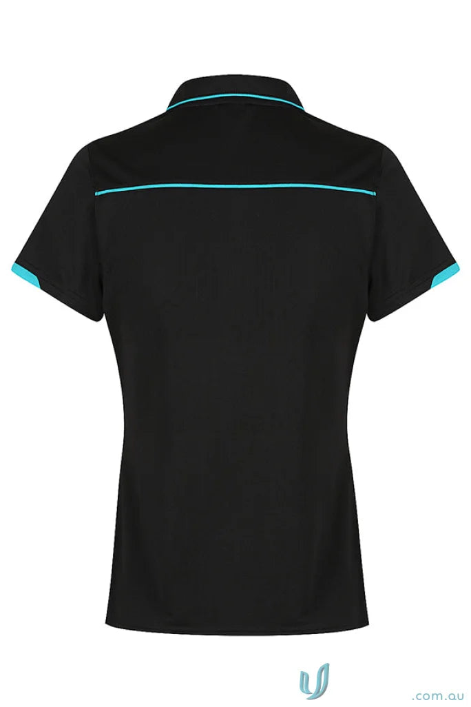 Currumbin Lady Polos black short-sleeve polo with light blue trim workwear uniforms