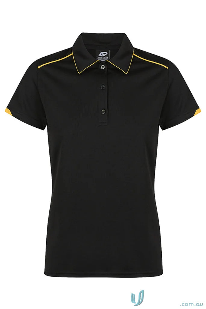 Black Currumbin Lady Polo with yellow trim, perfect for mini waffle uniforms or workwear