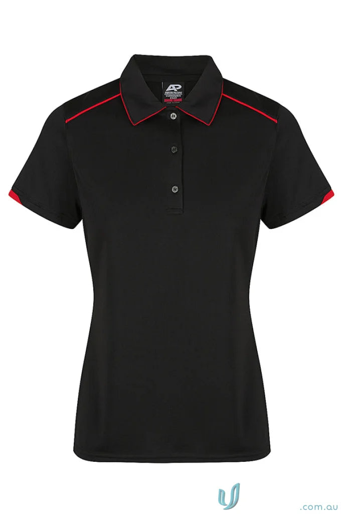Black Currumbin Lady Polo with red trim, perfect for mini waffle uniforms or workwear