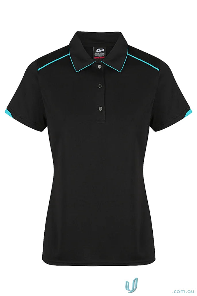 Black Currumbin Lady Polo with light blue trim, perfect for uniforms or workwear