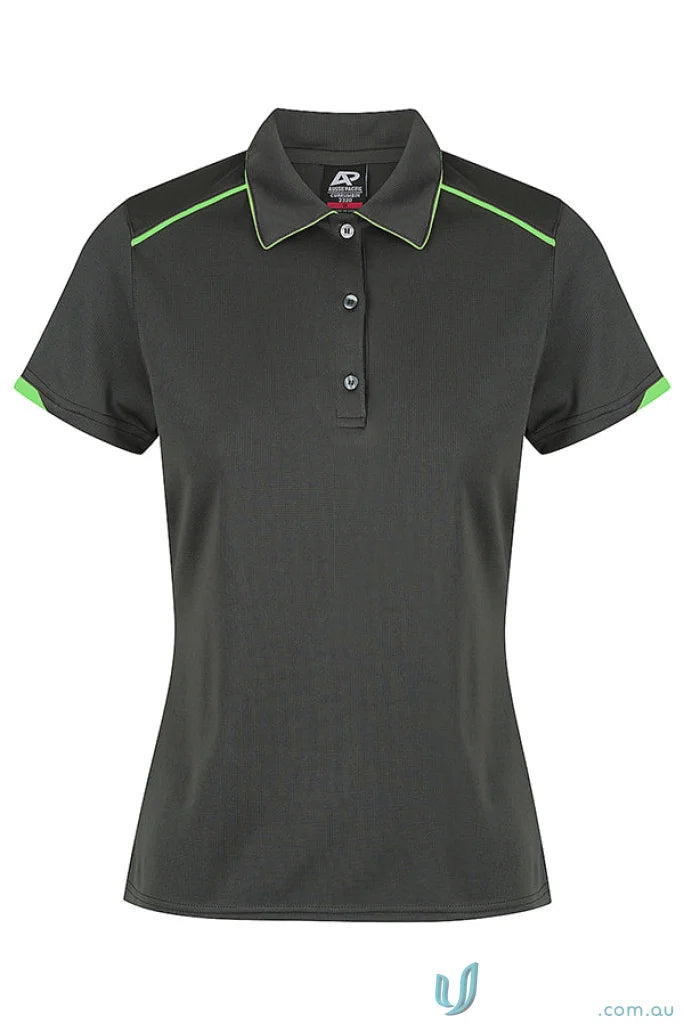 Dark gray Currumbin Lady Polo with lime green accents, perfect for workwear uniforms