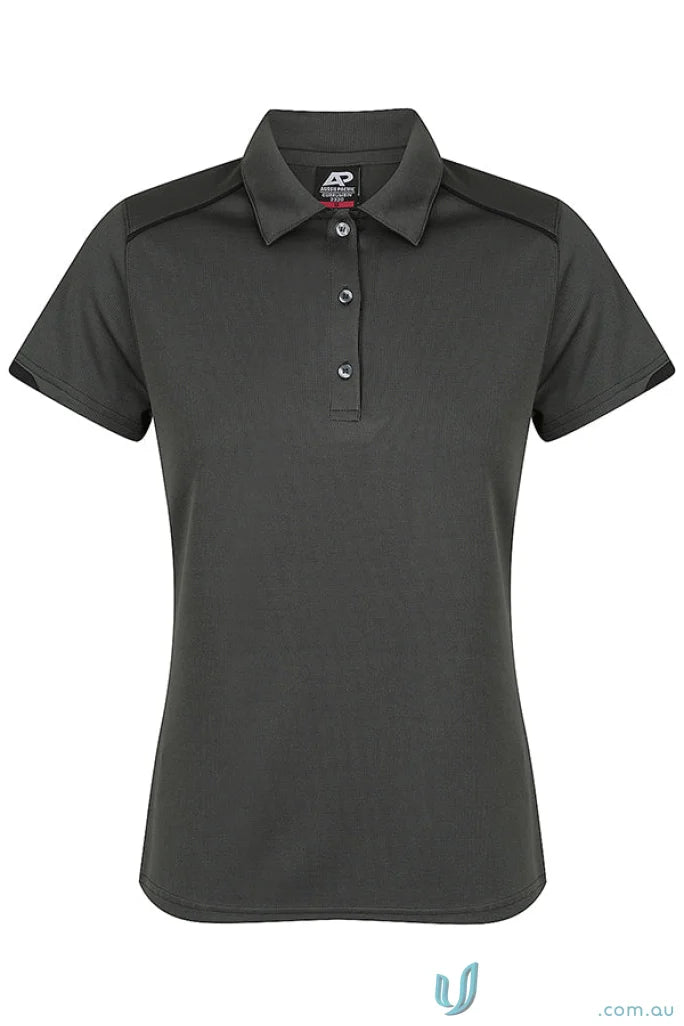 Dark grey Currumbin Lady Polo shirt with mini waffle fabric, perfect for workwear uniforms