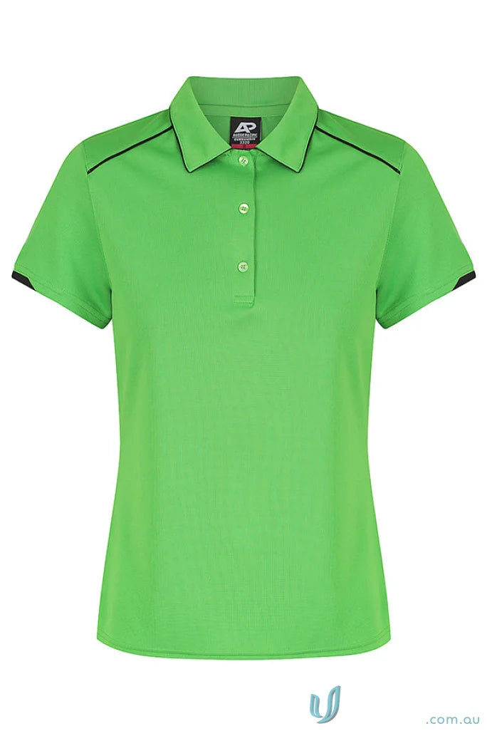 Vibrant lime green Currumbin Lady Polo with black piping, perfect workwear uniforms