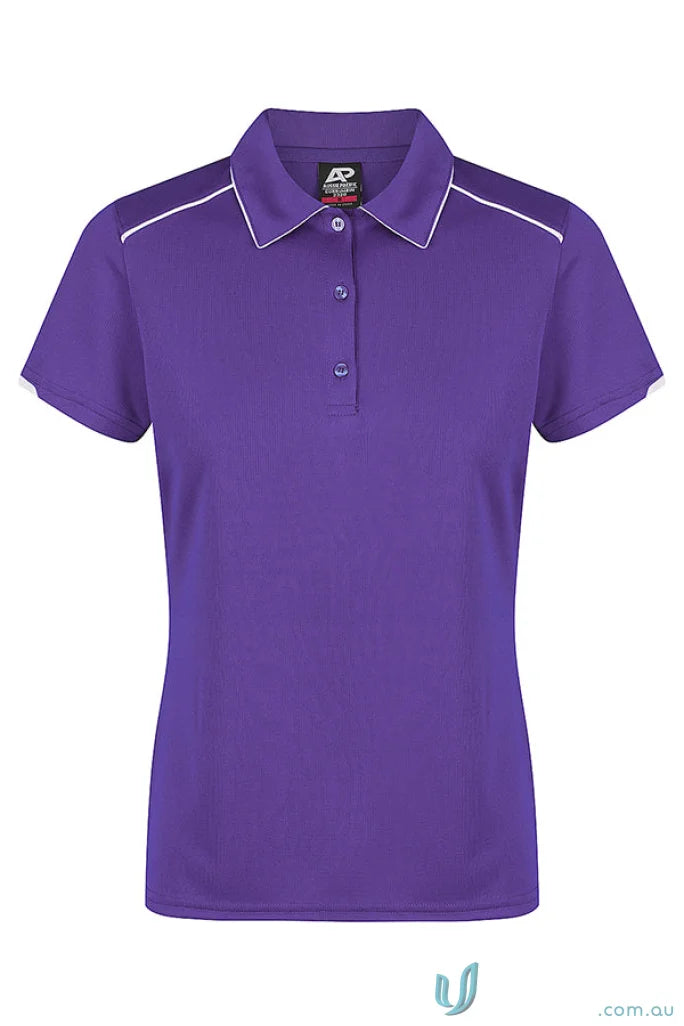 Vibrant purple Currumbin Lady Polo with white trim, perfect for mini waffle uniforms or workwear