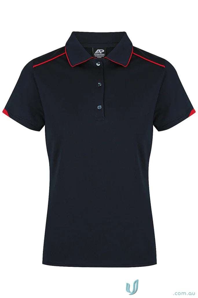 Women’s navy blue mini waffle polo shirt with red trim, perfect for uniforms or workwear