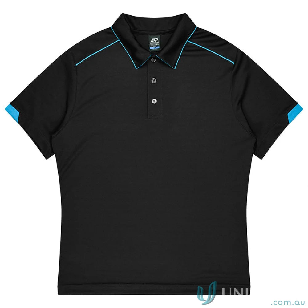 Black men’s polo shirt with blue trim from Currumbin-mens-polos, perfect for workwear