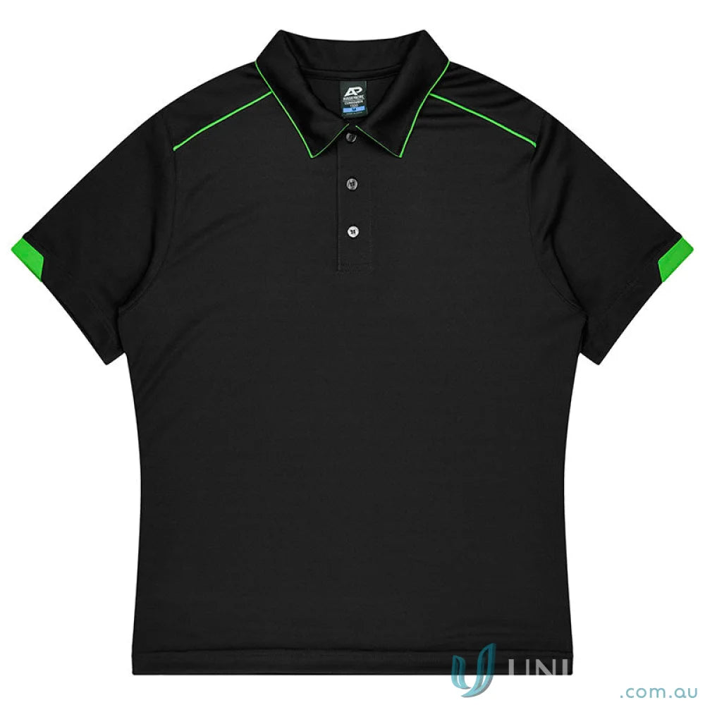 Black short-sleeve polo shirt with green trim for Currumbin mens workwear and uniforms