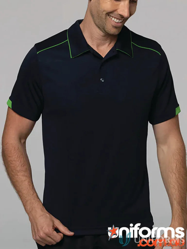 Dark blue Currumbin men’s polo shirt with lime green trim, perfect for workwear or uniforms