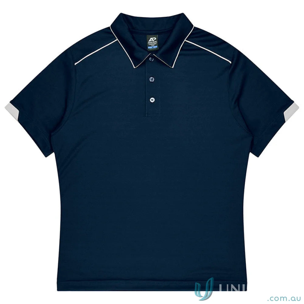 Dark blue Currumbin mens polo shirt with white trim, perfect for workwear or uniforms