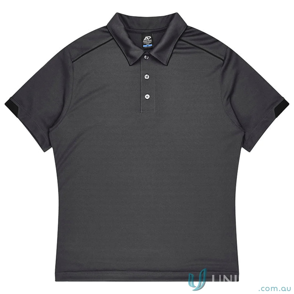 Dark gray mens polo shirt with black stitching, perfect for uniforms or workwear