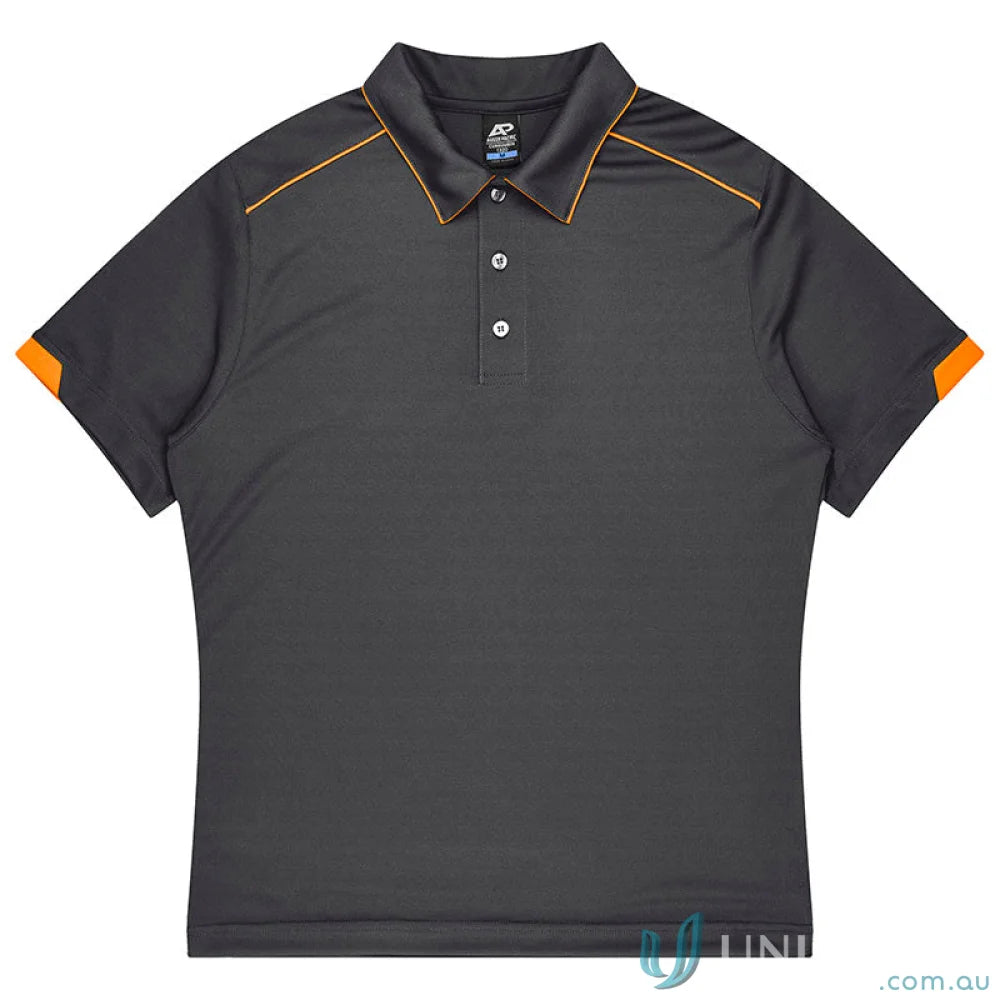 Dark gray Currumbin mens polo with orange trim, perfect for mini waffle uniforms or workwear