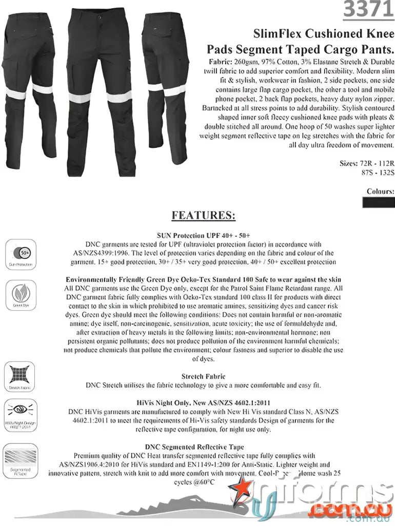 Black work pants with reflective stripes, cushioned knee pads, and slimflex segment taped cargo design