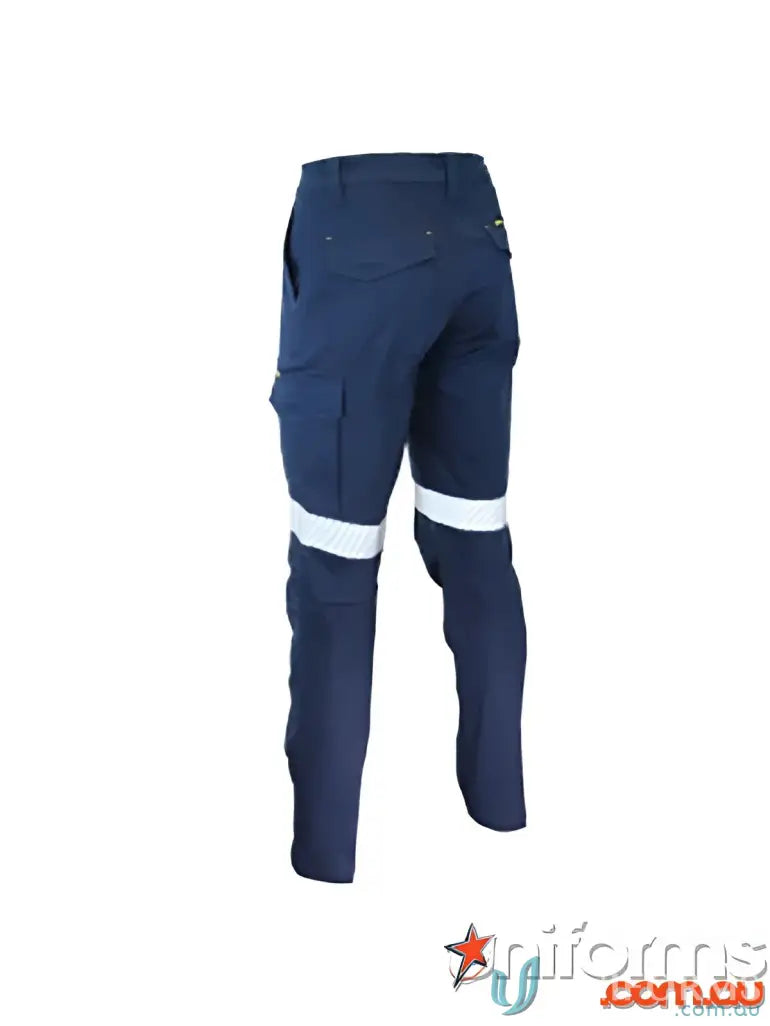 Navy blue taped cargo pants with cushioned knee pads and slimflex segment taped design
