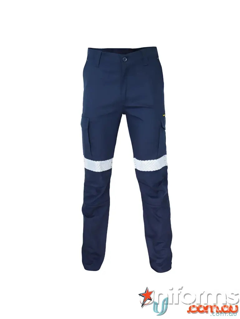 Navy blue slimflex segment taped cargo pants with cushioned knee pads and reflective stripes